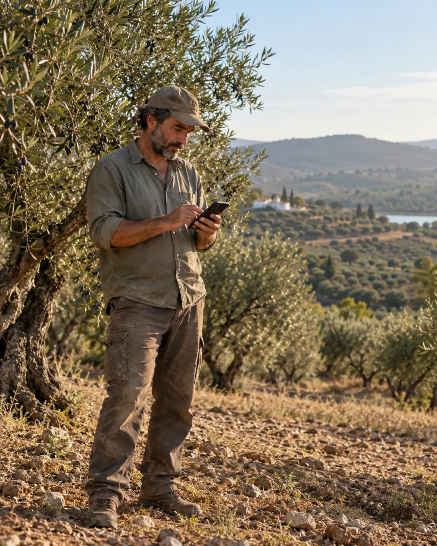 Agricultor num olival a consultar o telemóvel