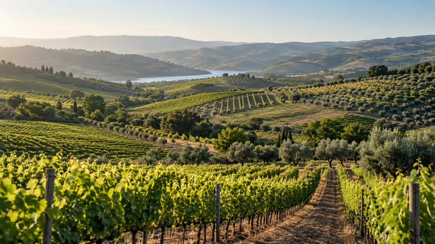 Vinhas e olivais numa paisagem agrícola portuguesa